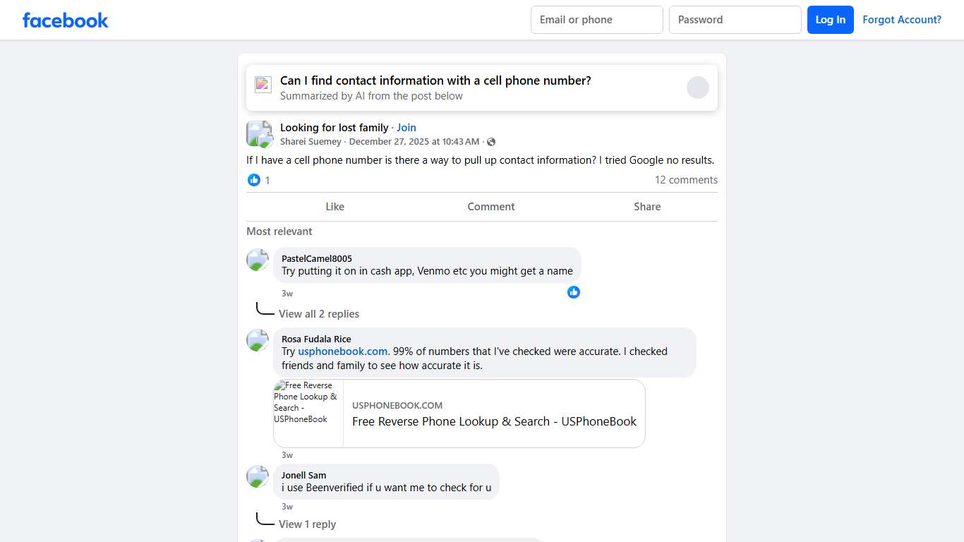 Looking for lost family | If I have a cell phone number is there a way to pull up contact information | Facebook